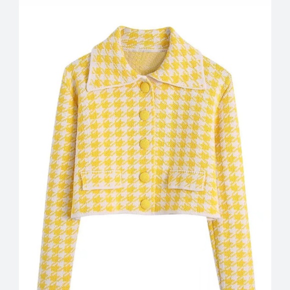 ZARA Yellow / White Houndstooth Tweed CROP Jacket SIZE M  Rare ! - Picture 1 of 6